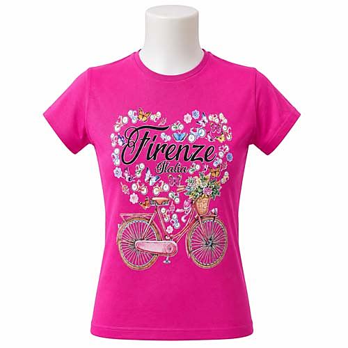 Firenze Italia Maglietta Rosa con Stampa Farfalla & Bicicletta Floreale