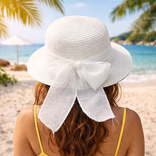 Cappello di paglia con fiocco bianco