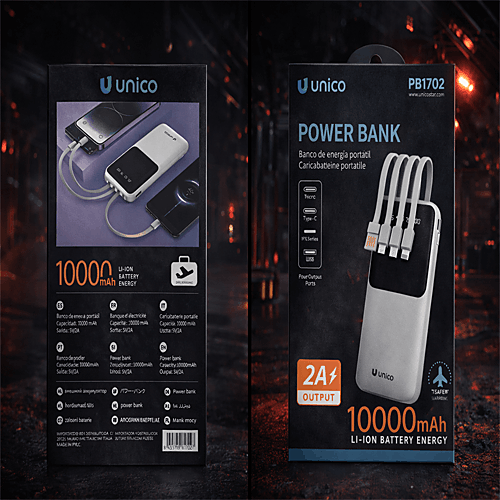 Unico 10000mAh Power Bank–Cavi Integrati, Ricarica Veloce