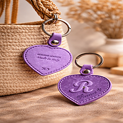 Portachiavi in Pelle Italiana Vintage a Forma di Cuore Viola